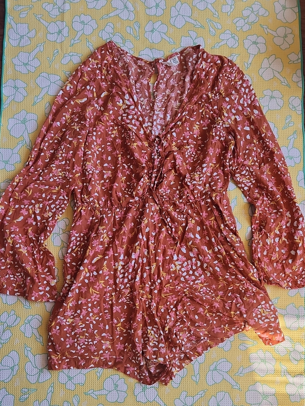 Roxy Rust Pink Floral V-Neck Long Sleeve Romper